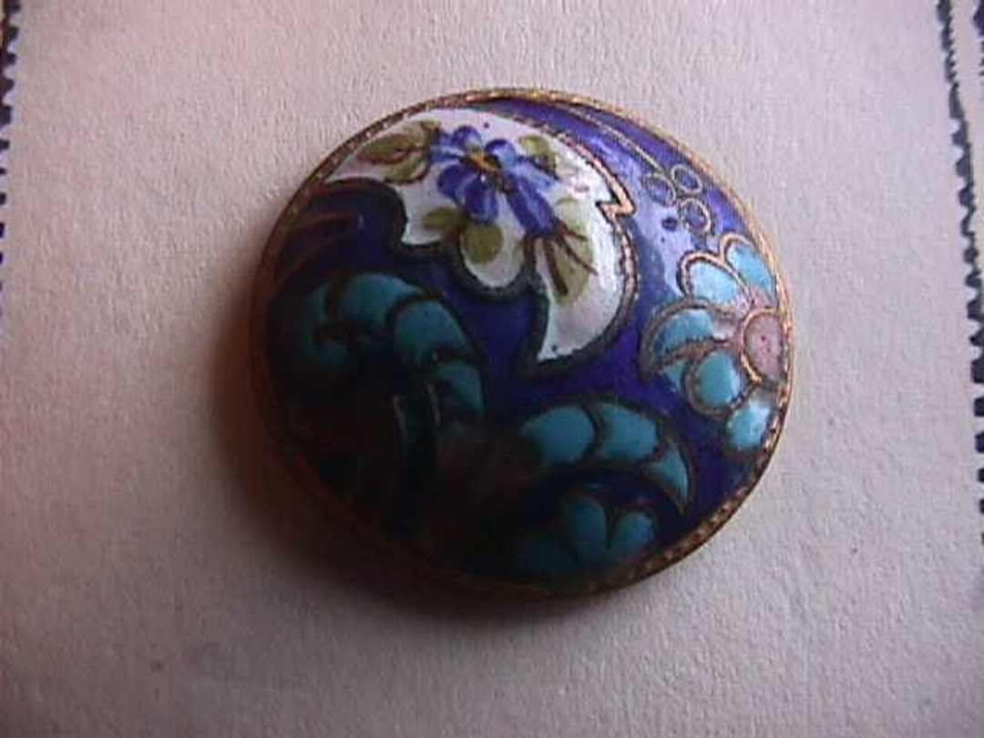 Vintage Champleve Button on Brass, Paisley, Dainty Blue Flowers - Etsy