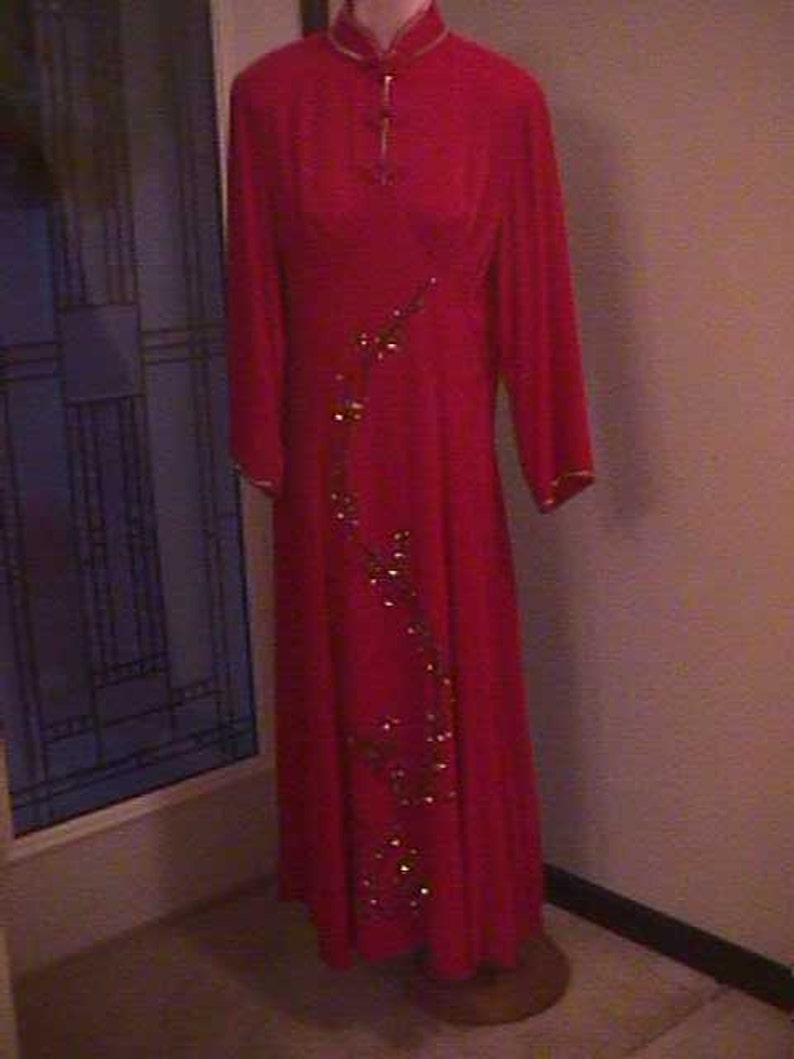 brass heart design trim SALE--Vintage Red Velvet Holiday Dress sequins Mandarin Collar beads
