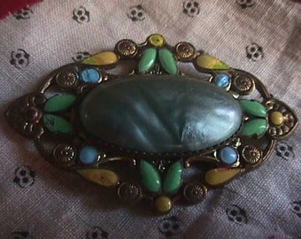 Vintage Brass Pin or Brooch, Enamel, Oval Shape