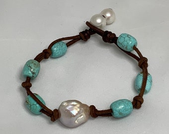 Imperfect PEARL and Blue Turquoise bracelet #1