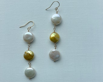 Triple Gold and White Coin Pearl Earrings Wrapped with 14k Gold-Filled Wire