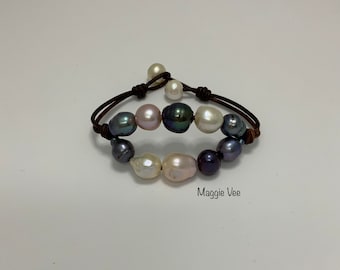 Circle of Pearls and Leather bracelet
