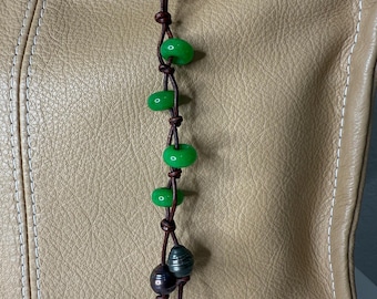 Hand made, Bag charm, Four Jade Rondelle Stones and Two Black Freshwater Pearls, Uniquely perfectly knotted on leather, Accessary