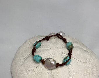 Imperfect PEARL and Blue Turquoise bracelet #2