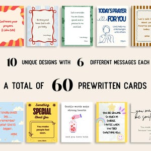 Op de afbeelding: Een verzameling van 60 voorgedrukte kaarten met 10 unieke ontwerpen, elk met 6 verschillende berichten. De kaarten hebben verschillende ontwerpen en kleuren, met inspirerende citaten en berichten. De tekst bevat zinnen als "God hoort je gebeden" en "Je hebt me doen glimlachen."