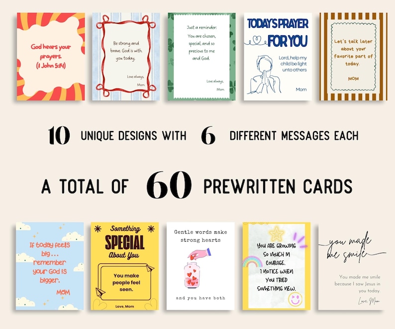Op de afbeelding: Een verzameling van 60 voorgedrukte kaarten met 10 unieke ontwerpen, elk met 6 verschillende berichten. De kaarten hebben verschillende ontwerpen en kleuren, met inspirerende citaten en berichten. De tekst bevat zinnen als "God hoort je gebeden" en "Je hebt me doen glimlachen."