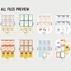 Op de afbeelding: Een voorbeeld van acht verschillende afdrukbare bestanden, elk met een uniek ontwerp. De bestanden bevatten verschillende lay-outs met tekst en decoratieve elementen. De tekst "ALL FILES PREVIEW" staat bovenaan.