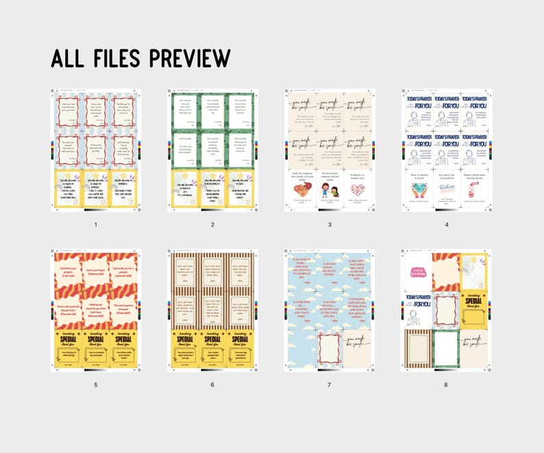 Op de afbeelding: Een voorbeeld van acht verschillende afdrukbare bestanden, elk met een uniek ontwerp. De bestanden bevatten verschillende lay-outs met tekst en decoratieve elementen. De tekst "ALL FILES PREVIEW" staat bovenaan.