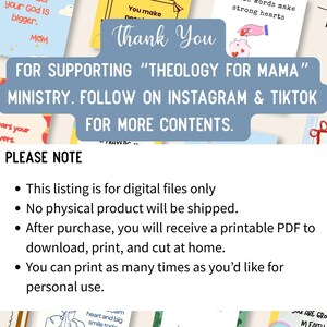 Op de afbeelding: Digitale download van printbare kaarten met inspirerende citaten en berichten. De afbeelding bevat de tekst "Thank You" en "FOR SUPPORTING 'THEOLOGY FOR MAMA' MINISTRY. FOLLOW ON INSTAGRAM & TIKTOK FOR MORE CONTENTS."