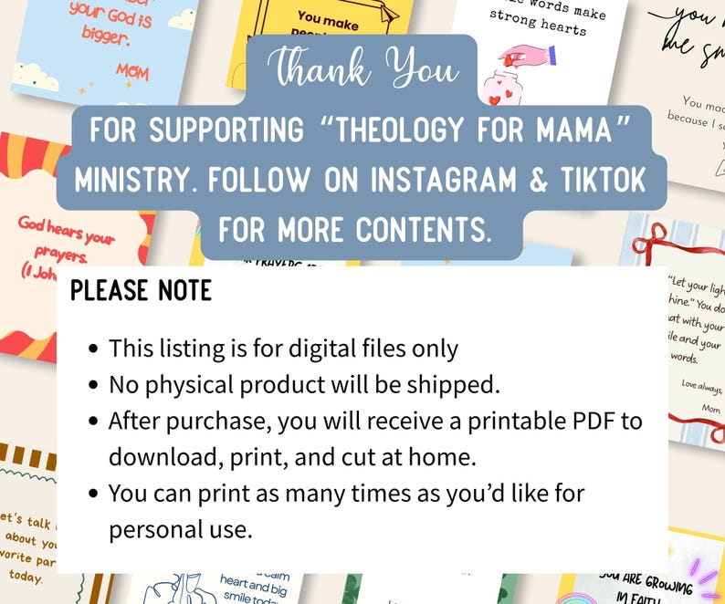 Op de afbeelding: Digitale download van printbare kaarten met inspirerende citaten en berichten. De afbeelding bevat de tekst "Thank You" en "FOR SUPPORTING 'THEOLOGY FOR MAMA' MINISTRY. FOLLOW ON INSTAGRAM & TIKTOK FOR MORE CONTENTS."