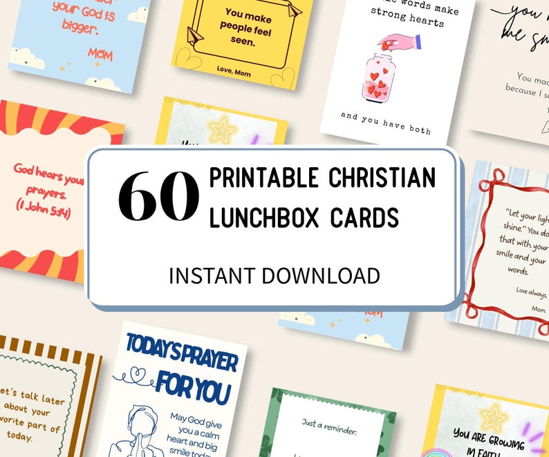 Op de afbeelding: Een verzameling van 60 bedrukbare christelijke lunchboxkaarten. De kaarten bevatten verschillende ontwerpen met inspirerende citaten en berichten. De tekst bevat zinnen als "God hoort je gebeden" en "Je laat mensen zich gezien voelen."