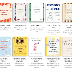 Op de afbeelding: Een verzameling van twaalf inspirerende kaarten met diverse ontwerpen en boodschappen. Elke kaart heeft een unieke lay-out, kleurenschema en tekst, waaronder zinnen als "God hoort je gebeden" en "Je hebt me doen glimlachen."