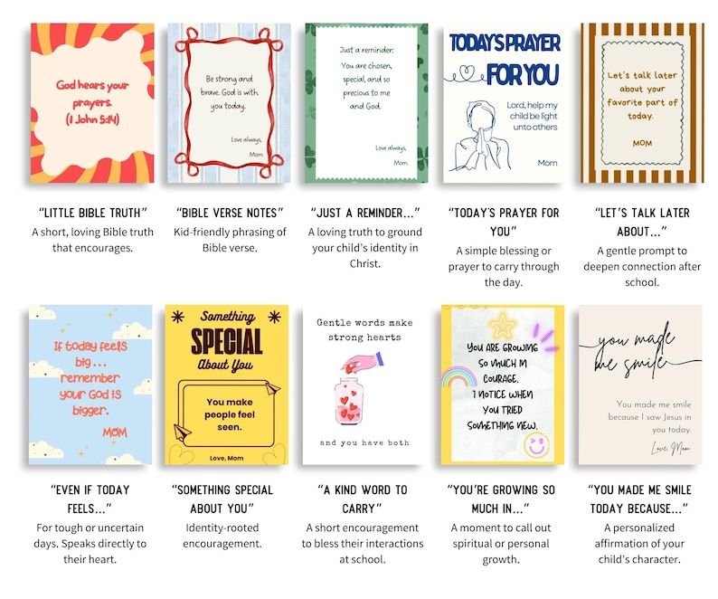Op de afbeelding: Een verzameling van twaalf inspirerende kaarten met diverse ontwerpen en boodschappen. Elke kaart heeft een unieke lay-out, kleurenschema en tekst, waaronder zinnen als "God hoort je gebeden" en "Je hebt me doen glimlachen."