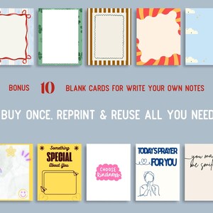 Op de afbeelding: Een verzameling van tien blanco kaarten met diverse ontwerpen. Sommige kaarten hebben decoratieve randen, terwijl andere tekst bevatten zoals "Something Special About You" en "Choose Kindness." De kaarten zijn bedoeld om notities te schrijven.
