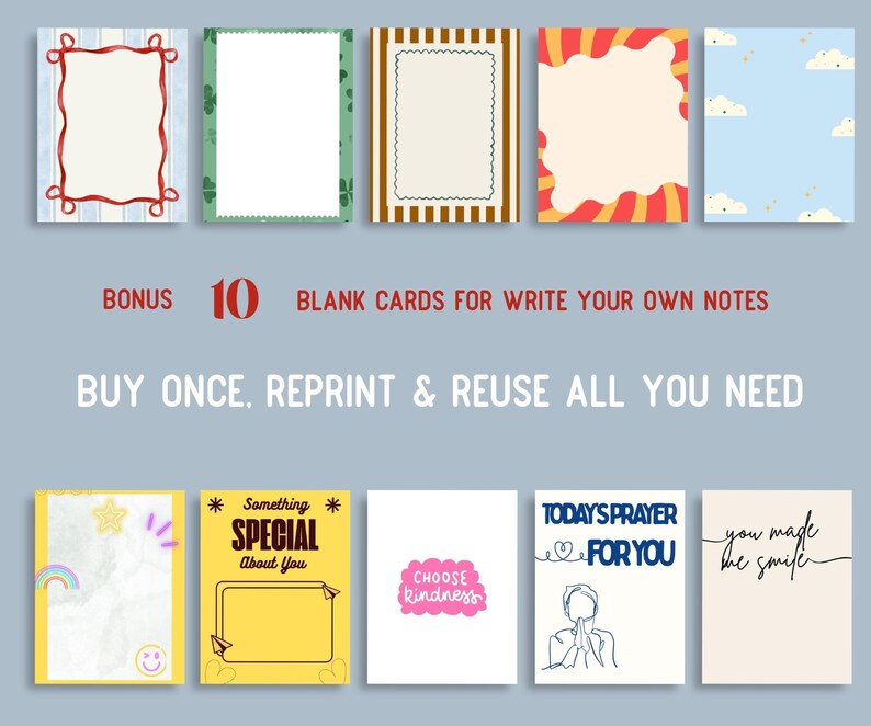 Op de afbeelding: Een verzameling van tien blanco kaarten met diverse ontwerpen. Sommige kaarten hebben decoratieve randen, terwijl andere tekst bevatten zoals "Something Special About You" en "Choose Kindness." De kaarten zijn bedoeld om notities te schrijven.