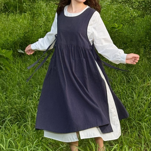 Vintage Japanese Side-Tie Apron for Women, Cottagecore Pinafore Dress with Pockets, Handmade Linen Style Apron, Kitchen & Garden Apron