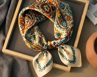 100% Mulberry Silk Scarf – Bohemian Floral Paisley Print, Square Headscarf
