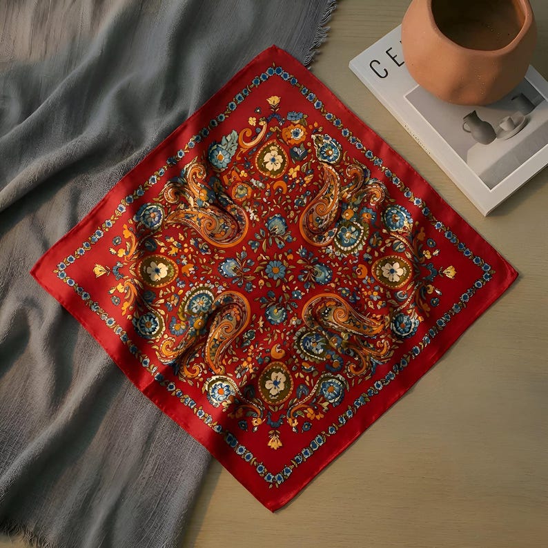 May include: A square red paisley scarf with a detailed floral pattern in shades of blue, orange, and yellow. The scarf is made of a silky material and is displayed on a wooden surface.