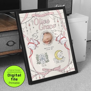 Custom Baby Stats Print: Pink Nursery Wall Art, Newborn Gift (Digital Download)