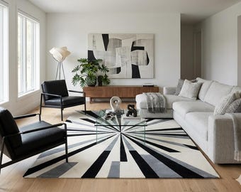 Hand Tufted Modern Rug | Black & Grey Geometric Carpet | Contemporary Living Room Decor