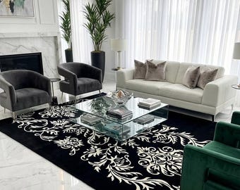 Handmade Wool  Rug, Black and White Floral Carpet, Modern Design