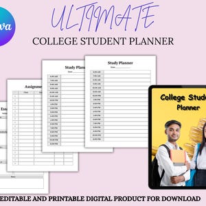Puede incluir: Un planificador digital para estudiantes universitarios con el logotipo de Canva, con páginas de planificación de estudios y tareas. La imagen incluye una tableta que muestra el planificador y el texto "ULTIMATE COLLEGE STUDENT PLANNER". Producto digital editable e imprimible.