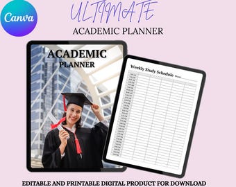 May include: Digital academic planner with the text "ULTIMATE ACADEMIC PLANNER" and "ACADEMIC PLANNER". The image shows a student in a graduation gown and cap. A weekly study schedule is also displayed. The product is an editable and printable digital download.