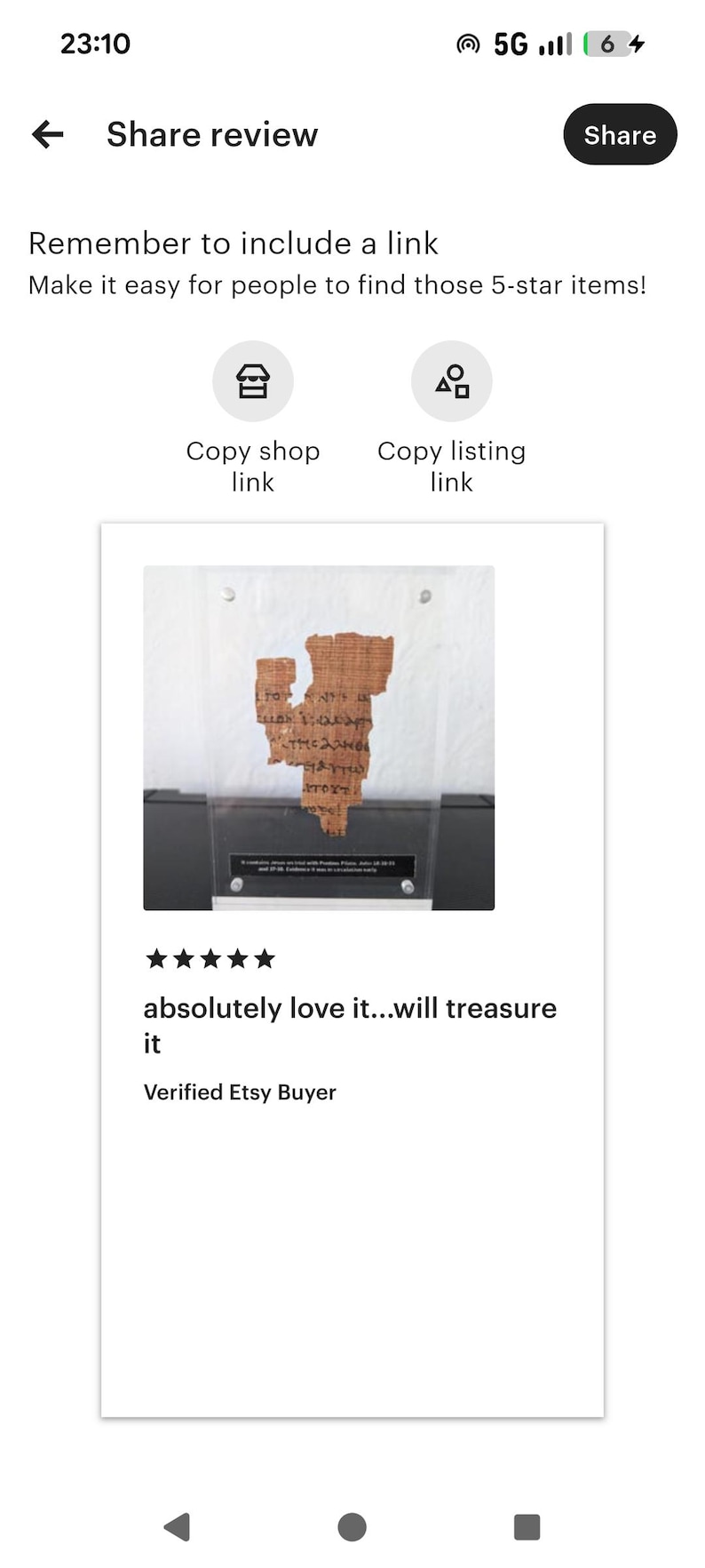 May include: A framed ancient papyrus fragment with visible text. The review states "absolutely love it...will treasure it" and is from a "Verified Etsy Buyer". The image is a screenshot of an Etsy review.