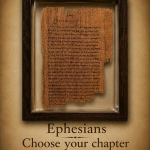 May include: A piece of textured, light brown papyrus featuring dark ink handwritten Greek text, encased in a dark brown wooden frame. Below the frame, the text reads: Ephesians, Choose your chapter, Framed or Unframed.