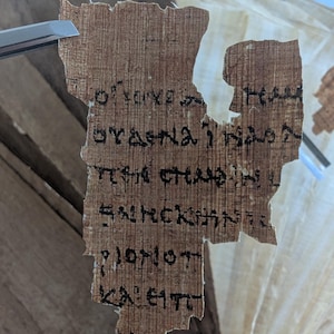 May include: A fragment of ancient papyrus with black ink text. The papyrus is a light brown color, with visible texture and some damage along the edges. A metal tool is partially visible at the top left, suggesting it is being examined.
