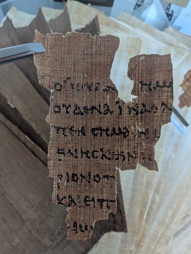 May include: A fragment of ancient papyrus with black ink text. The papyrus is a light brown color, with visible texture and some damage along the edges. A metal tool is partially visible at the top left, suggesting it is being examined.