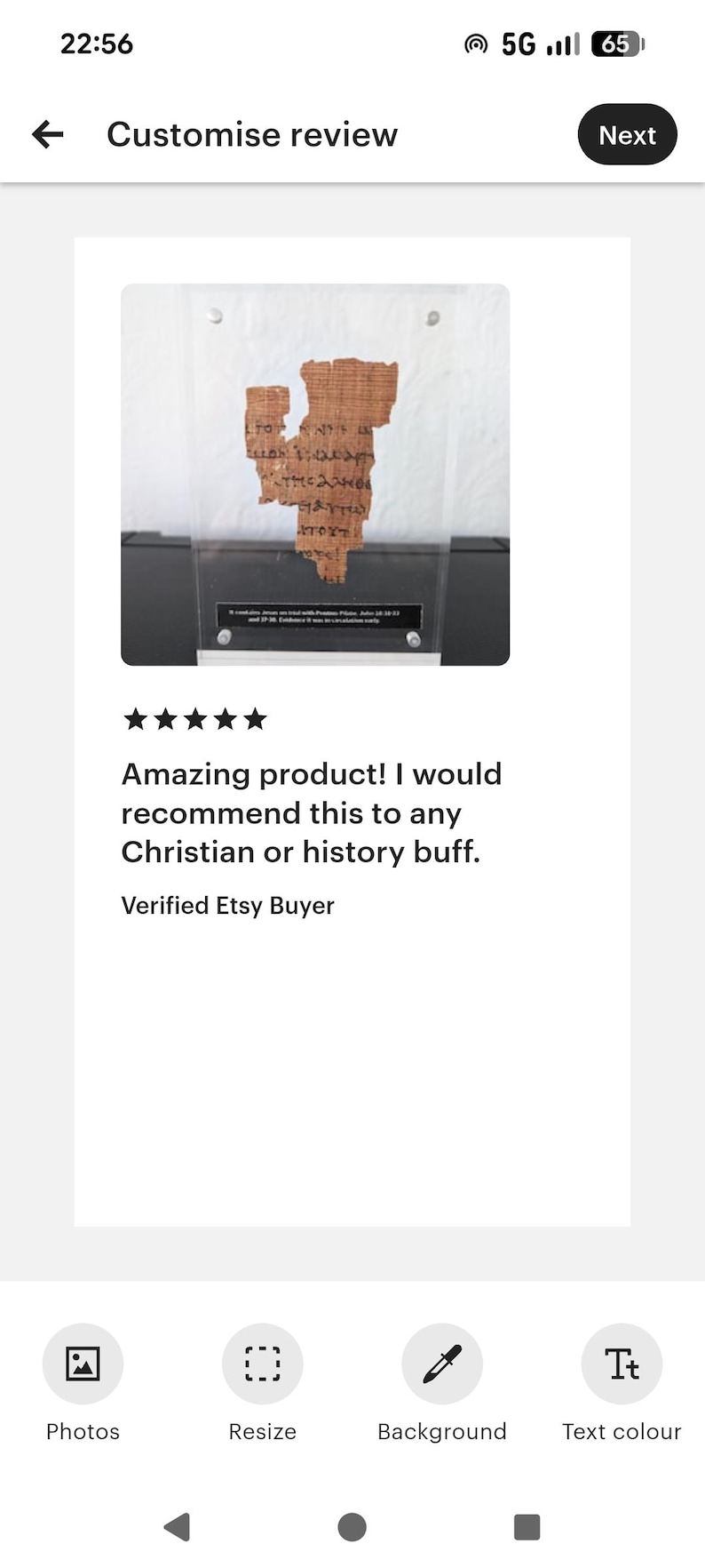 May include: A framed, ancient papyrus fragment with visible text. The papyrus is a light brown color and is displayed against a white background. The image includes the text "Amazing product! I would recommend this to any Christian or history buff."