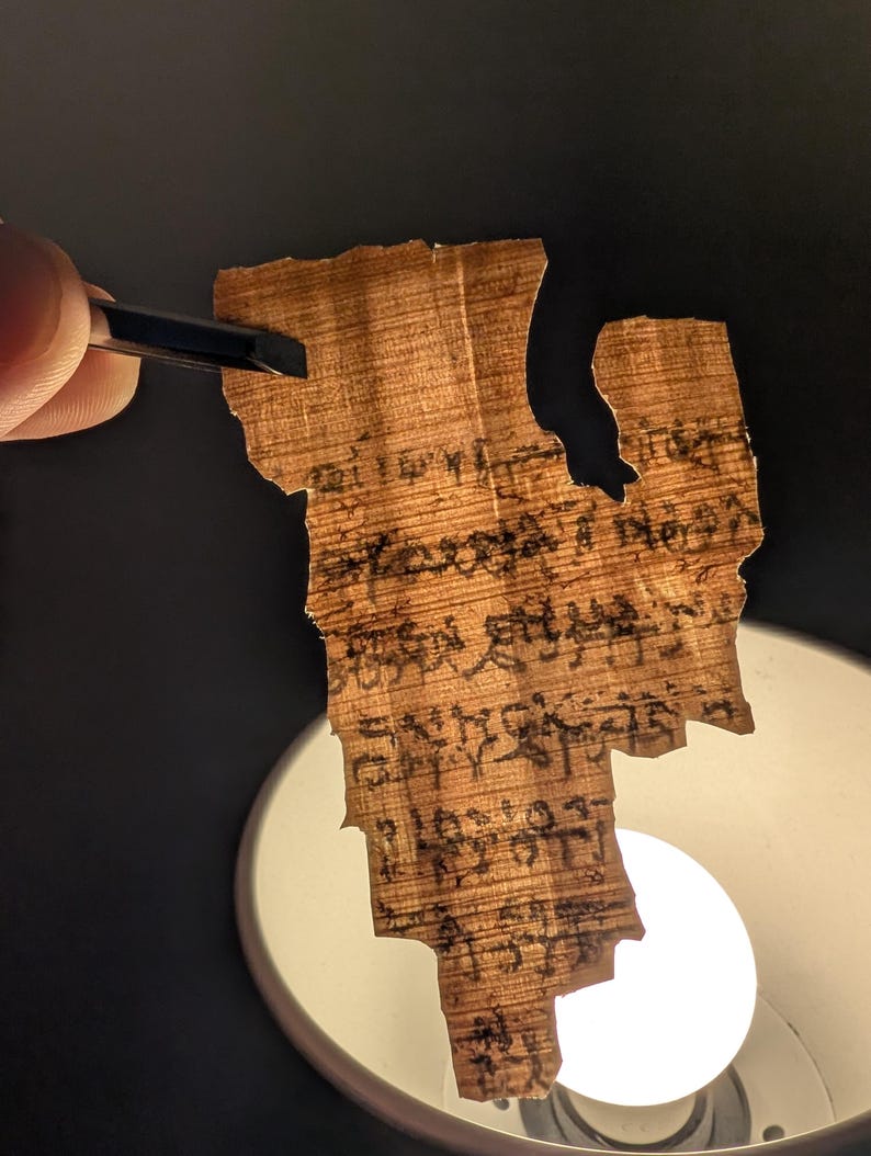 May include: A fragment of ancient papyrus with faded black text. The papyrus is held by tweezers, revealing its torn edges and aged appearance. The background is dark, with a bright light illuminating the papyrus.