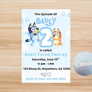 Bluey Birthday Invitation | Editable Bluey Party Invite | This Episode Of Bluey Turns Two | Instant Download | Bluey Canva Template