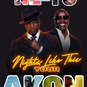 Puede incluir: Imagen promocional de la gira "Nights Like This Tour" con NE-YO y AKON. La imagen tiene un fondo negro con los nombres de los artistas y el título de la gira en una fuente de estilo neón. Los artistas aparecen con trajes y gafas de sol.