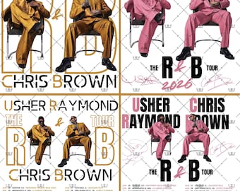 May include: A promotional poster for the Usher Raymond & Chris Brown R&B Tour 2026. The design features multiple images of the artists in gold and pink suits, along with tour dates and locations.