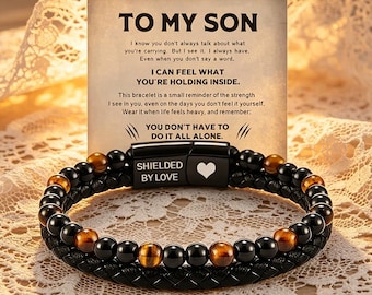 To My Son Tiger Eye Leather Bracelet, Custom Engraved Magnetic Clasp Men's Gift