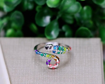 S925 Sterling Silver Colorful Chameleon Ring - Adjustable Open Band Cute Reptile Jewelry Boho Animal Lover Gift