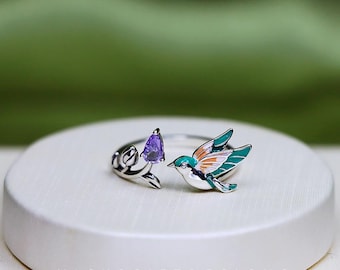 S925 Sterling Silver Kingfisher Bird Ring - Colorful Adjustable Open Band Unique Animal Jewelry Nature Lover Gift