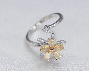 S925 Sterling Silver Floral Spinner Ring - Rotating Zirconia Flower Anxiety Relief Jewelry | Stress Reducer Fidget Ring