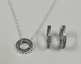 Pandora Pave Round Necklace And Pave Hoop Earrings Set 45cm