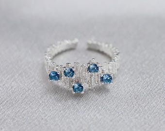Irregular Pleated Aquamarine Zirconia S925 Sterling Silver Open End Ring