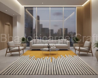 Handmade Abstract Striped Rug | Modern Yellow & Black Design