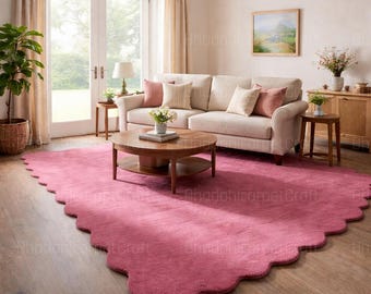 Alfombra de lana festoneada rosa, moderna, hecha a mano
