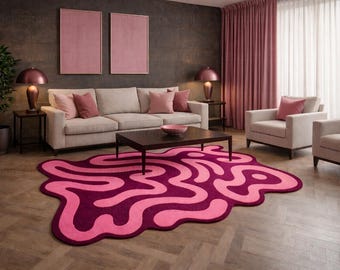 Abstract Pink Wavy Rug | Handmade Modern Floor Decor