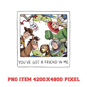 Tienes un amigo en mí PNG, Amigos de Toy Story PNG, Woody Buzz Jessie Rex Slinky Dog PNG, Diseño de camiseta de amistad, Descarga digital