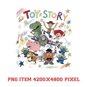 May include: A digital illustration featuring the Toy Story logo in colorful letters surrounded by characters including Woody, Buzz Lightyear, Jessie, Rex, Hamm, Slinky Dog, Mr. Potato Head, and three green aliens, accented with hand-drawn stars and scribbles.