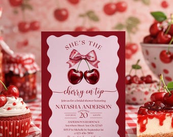 Cherry Bridal Shower Invitation, She's the Cherry on Top Invite Template Digital Download