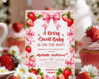Strawberry Baby Shower Invitation, Berry Sweet Baby is on the way Baby Shower Bow Coquette Invite Template Digital Download
