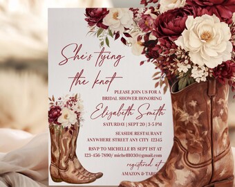Burgundy Floral Cowgirl Bridal Shower Invitation: Boots Bridal Invitation Country Western Rustic (Digital Template)